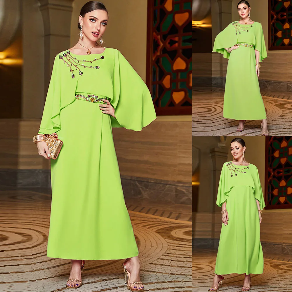 

Moroccan Caftan Women Luxury Diamonds Dress Arab Party Evening Dubai Muslim Kaftan Ramadan Eid Abaya Cape Sleeve Dress Jalabiya