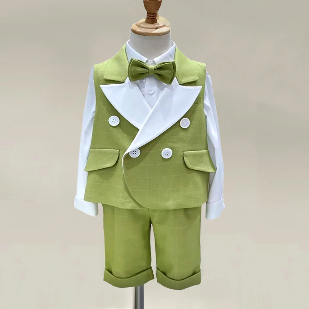 

Match Green kids Formal Set 3 Pcs Boy's Suit Set Vest Short Bow-tie Baby Outfit Kids 1-4 Years Boutique Clothes Birthday Parties