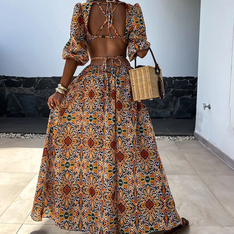 Elegant Pattern Print Bohe Long Dress Women Sexy Backless Hollow Tie-up Party Dress Casaul O-neck Short Sleeve Pleat Beach Dress
Elegant Pattern Print Bohe Long Dress Women Sexy Backless Hollow Tie-up Party Dress Casaul O-neck Short Sleeve Pleat Beach Dress
