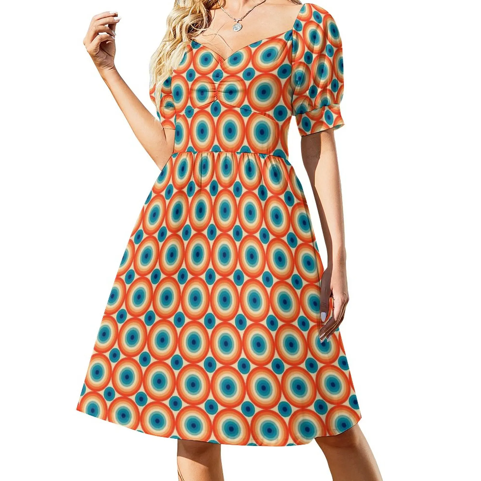 

70s Polka Eye illusion Dot Pattern in Orange and Blue Dress chic and elegant evening dress summer dress daily