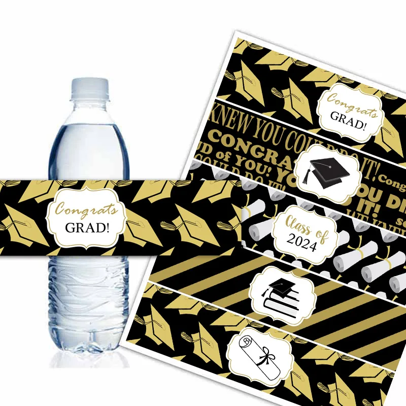 

Class of 2024 Bottle Wrappers Graduation Water Bottle Labels Black and Gold Graduation Party Favors