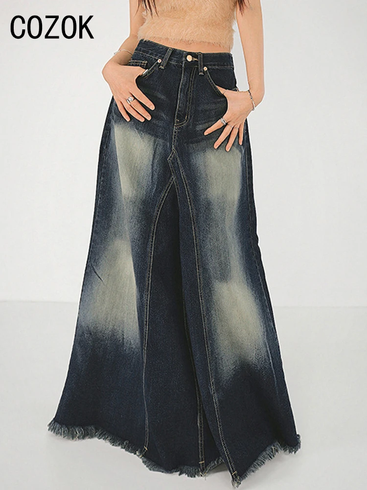 

Юбка Cozok женская джинсовая с завышенной талией, винтажная свободная длинная юбка-трапеция из денима с необработанным краем, модная Макси-юбка в стиле гранж, Y2k, 2023