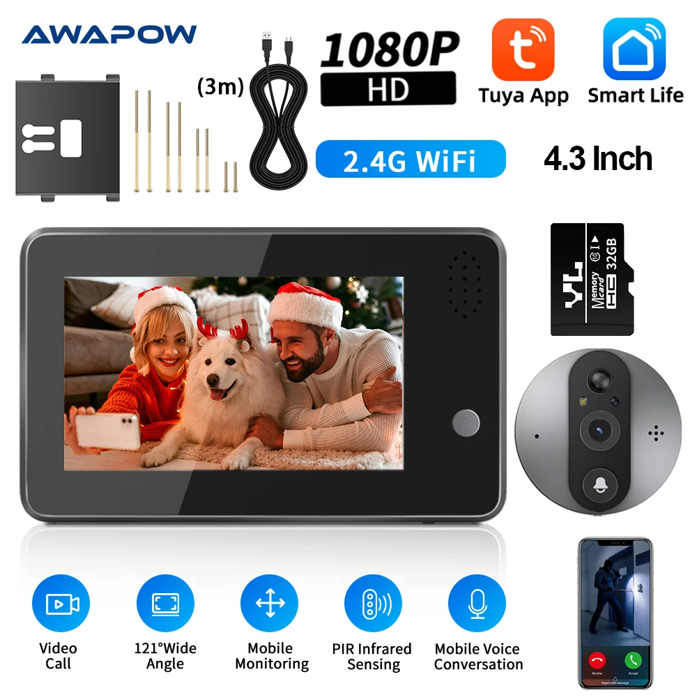 

Awapow 4.3Inch Tuya WiFi Video Doorbell Night Vision Smart Home 1080P Door Bell Eye Peephole Camera Motion Detection Door Viewer