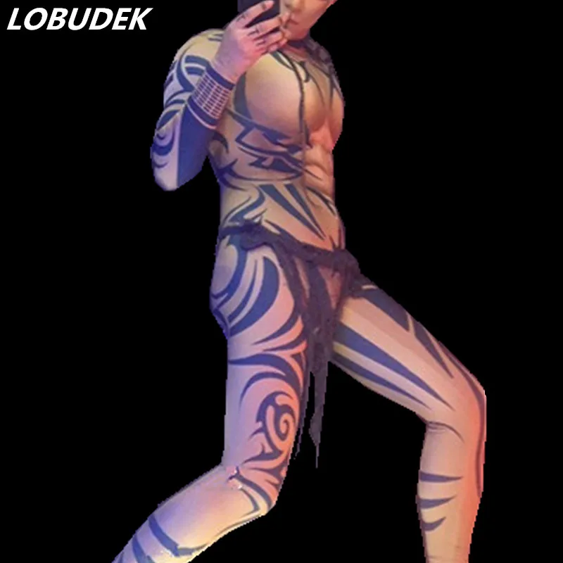 

Tattoo Printing Elastic Jumpsuit Fake Nude Leotard Male DJ Dancer Nightclub Bar Sexy Pole Dancing Tight Dance Costume