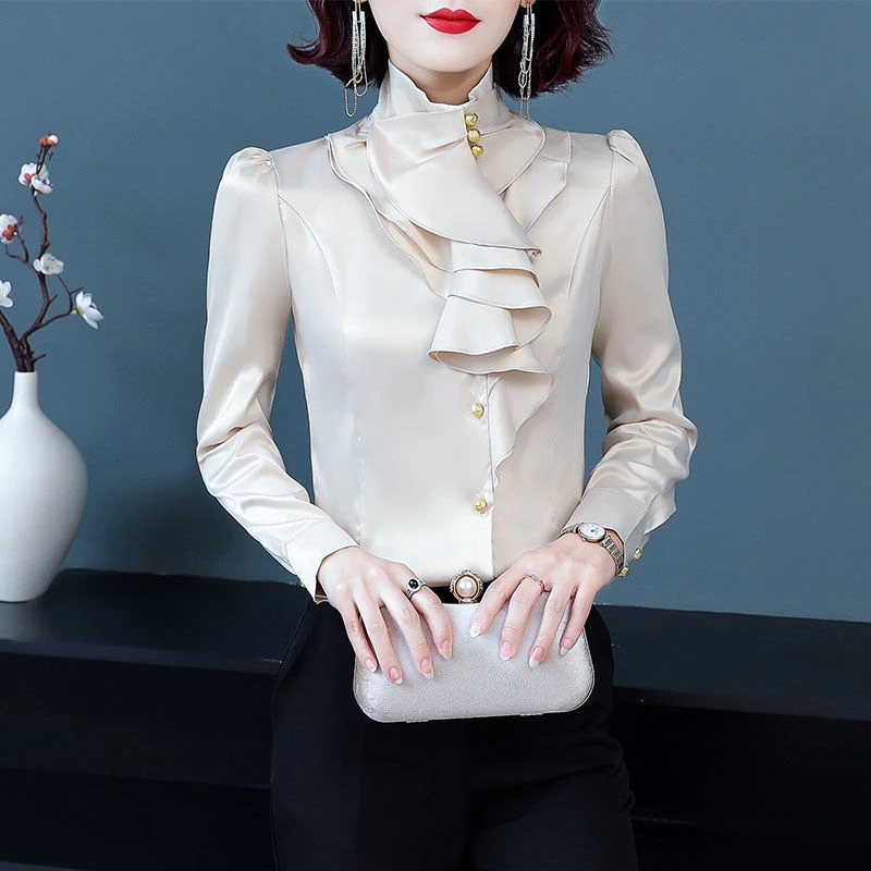 

Женская рубашка с воротником-стойкой, однотонная Повседневная универсальная офисная рубашка на пуговицах с длинным рукавом и оборками, весна-осень, V596
