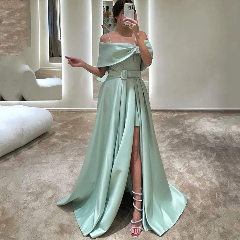 

Thinyfull Formal A-Line Prom Dresses Spaghetti Straps Satin Evening Dress Side Slit Saudi Arabia Cocktail Party Gowns Plus Size