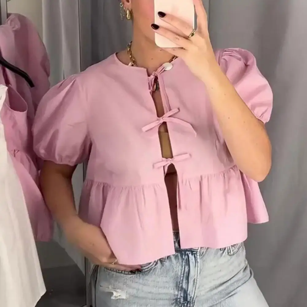 

Bow Tie Shirt Stylish Women's Summer Shirt with Puff Sleeves Lace-up Detail Ruffle Hem Casual Solid Color Blouse for A Chic Look