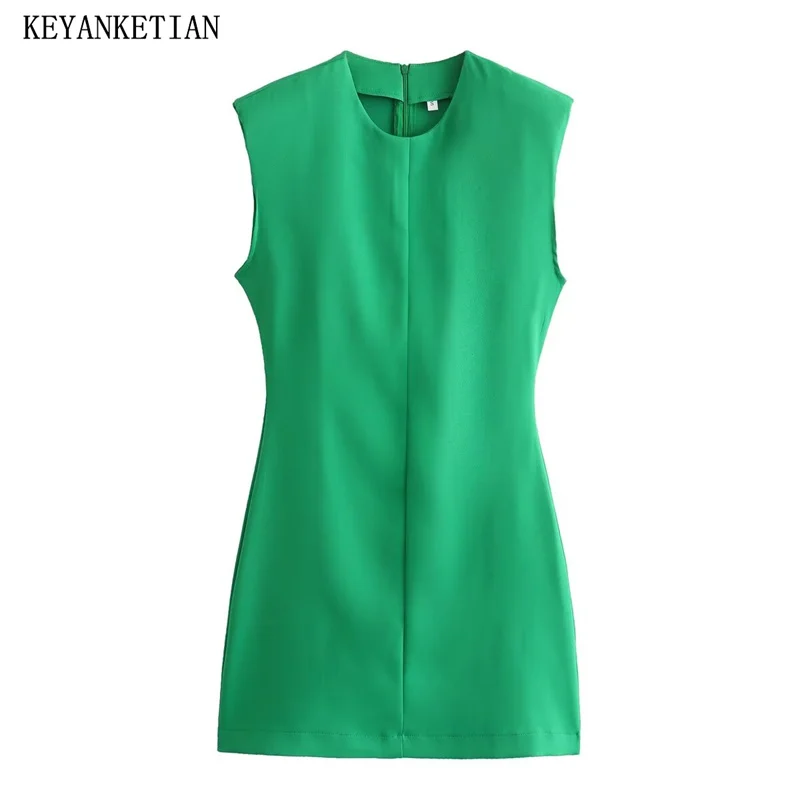 

KEYANKETIAN 2024 New Launch Women's Sleeveless Shoulder Pad Dress Summer Fashion Simply Back Zipper O-Neck Slim Green Mini Dress