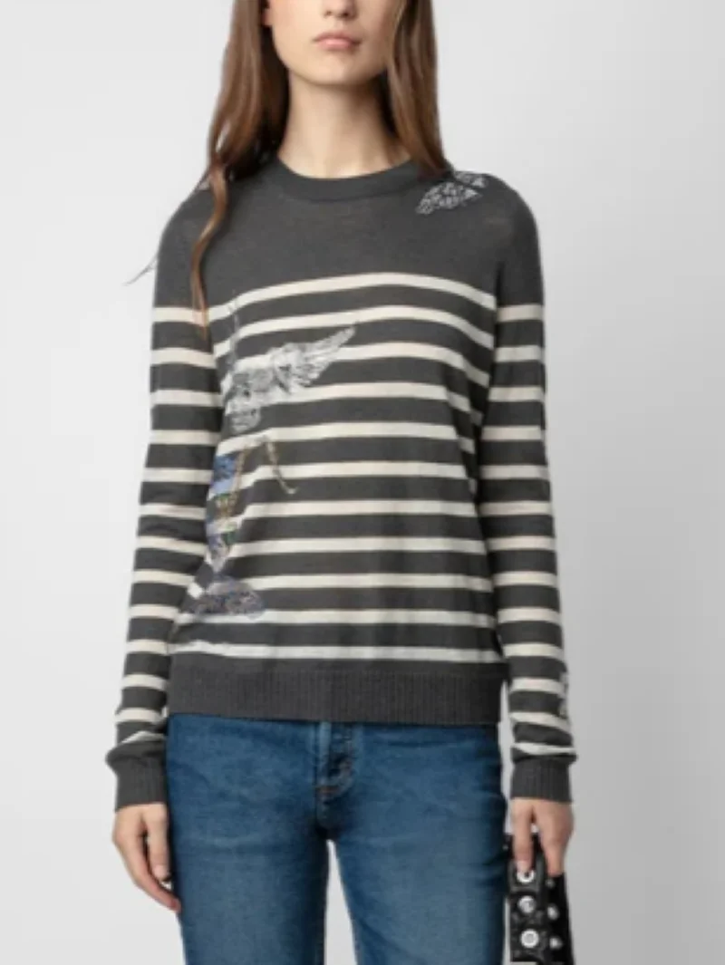 Women's Pullover Stripes Hot Rhinestone Butterfly Skulls Long Sleeve O-Neck Female Casual Knitted Sweater
Women's Pullover Stripes Hot Rhinestone Butterfly Skulls Long Sleeve O-Neck Female Casual Knitted Sweater