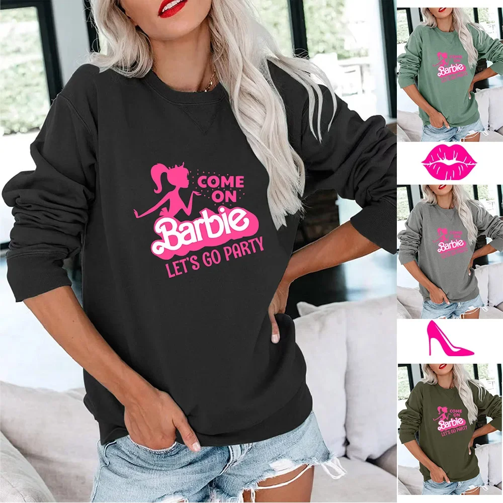 

2023 Autumn and Winter Barbie Women's Round Neck Long Sleeve Casual Sweatshirt Fashion Pullover Loose Cute Girls Top Coat