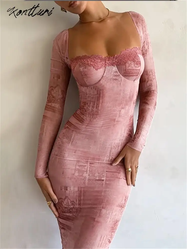 Kontturi New Fall Lace Print Backless Dresses For Women Square Collar Long Sleeve Evening Dress Bandage Pink Bodycon Midi Dress
Kontturi New Fall Lace Print Backless Dresses For Women Square Collar Long Sleeve Evening Dress Bandage Pink Bodycon Midi Dress