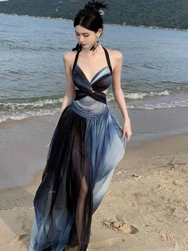 

Korea Summer Casual Holiday Dress Women Beatutiful Halter Bandage Dress Fairy Tie-Dye Backless Cut-Out Seaside Beach Sexy