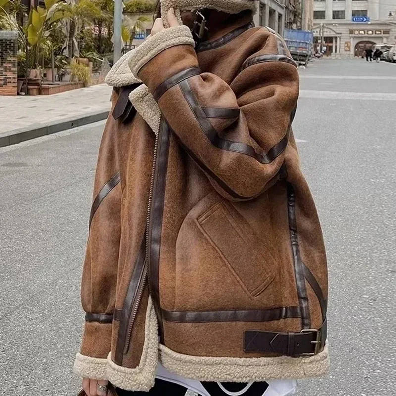 

Winter Sheepskin Coat Faux Fur Suede Leather Women Warm Lamb Shearling Jacket Zipper Moto Biker Long Sleeve Short Casual Outwear