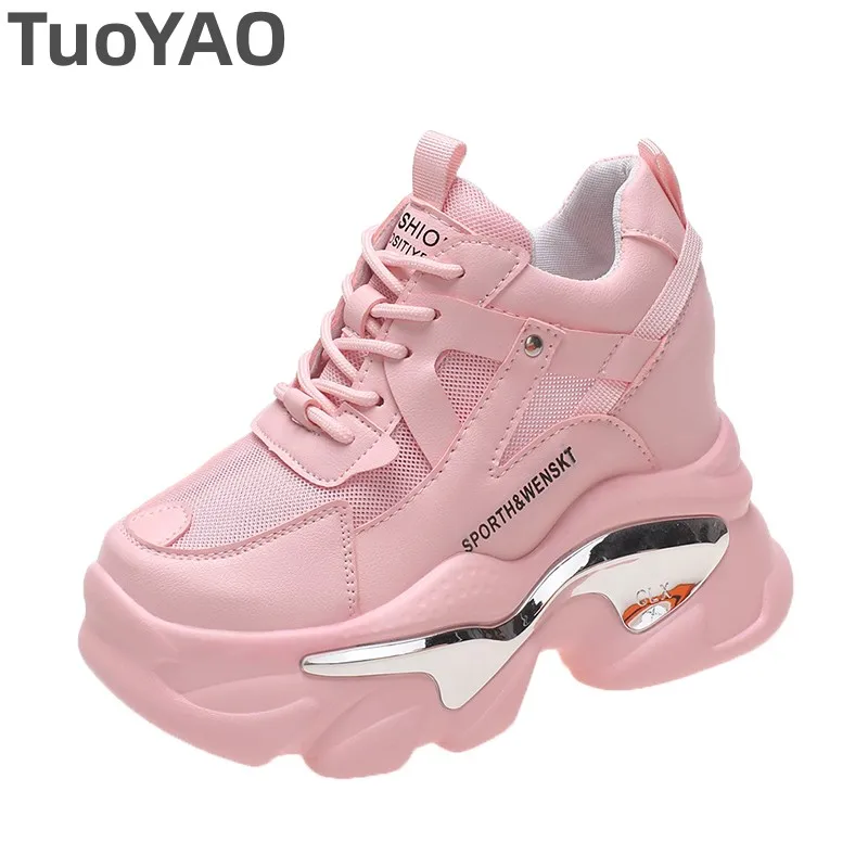 

Women High Platform Casual Leather Shoes 2024 New Autumn Lace-up Chunky Sneakers 11CM Wedges Hidden Heels Leisure Shoes Woman