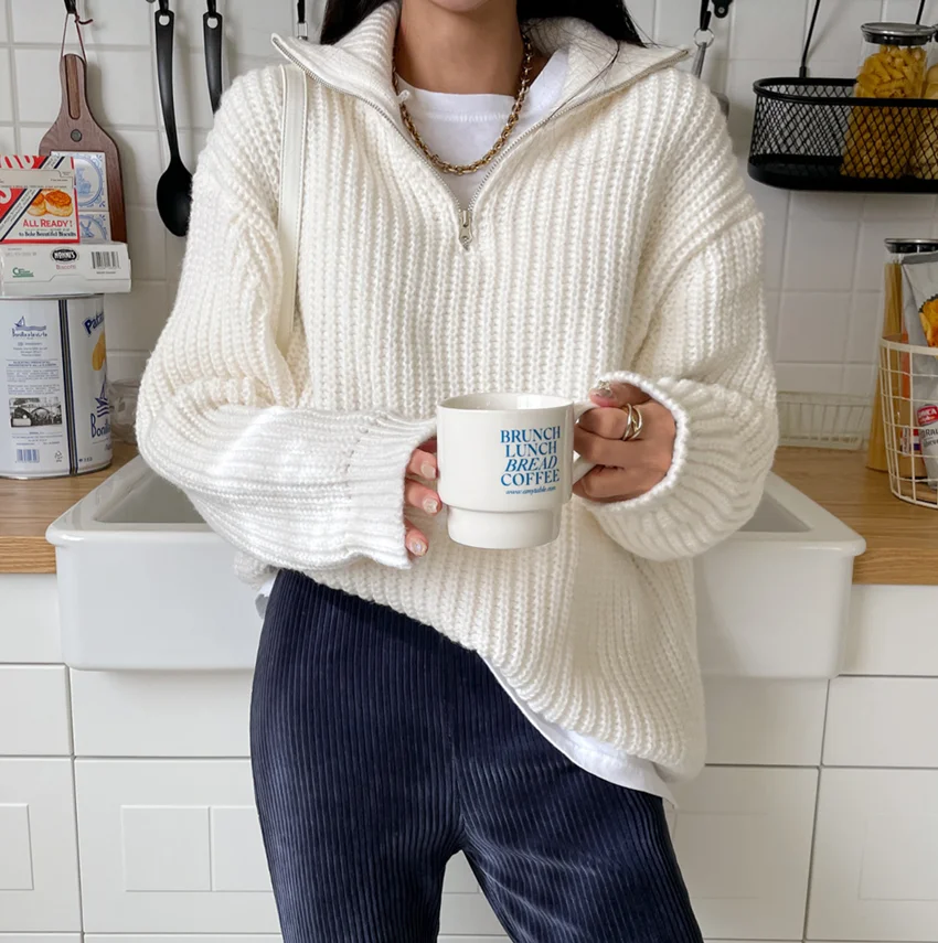 

New Oversized White Autumn Winter Zippers Turtleneck Warm Knitted Sweaters Fashion Women's Thickening Long Sleeve Loose Pullover