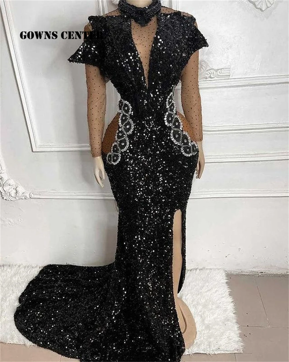 

Черное вечернее платье с блестками Aso Ebi, официальное платье с длинным рукавом и юбкой-годе, женское элегантное платье в африканском стиле, платье с высоким вырезом и разрезом