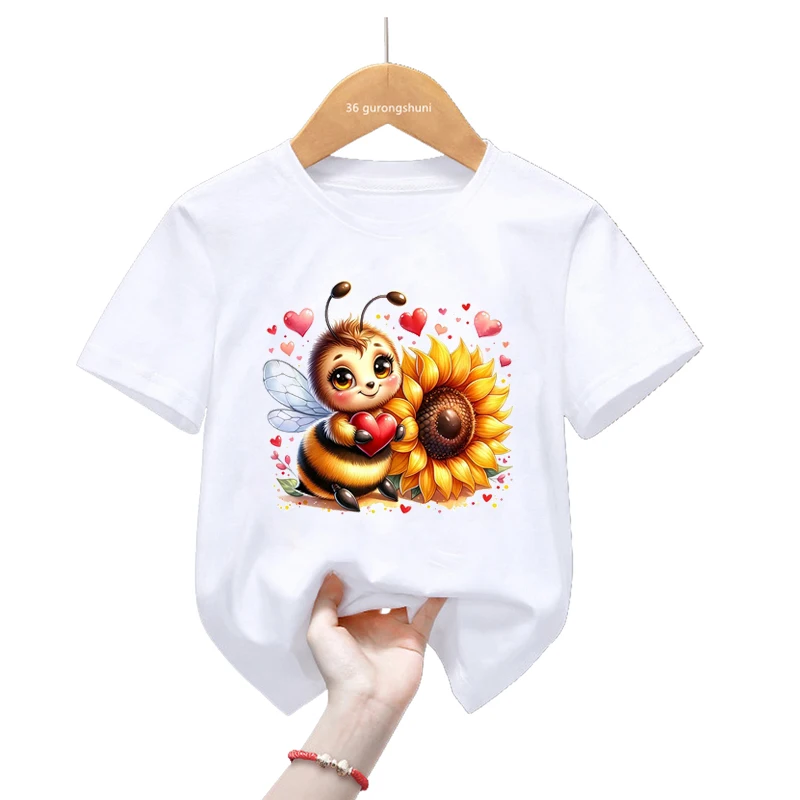 

Футболка с мультяшным принтом пчелы любви подсолнуха для девочек/мальчиков Забавная детская одежда Харадзюку кавайная Рубашка летняя модная футболка