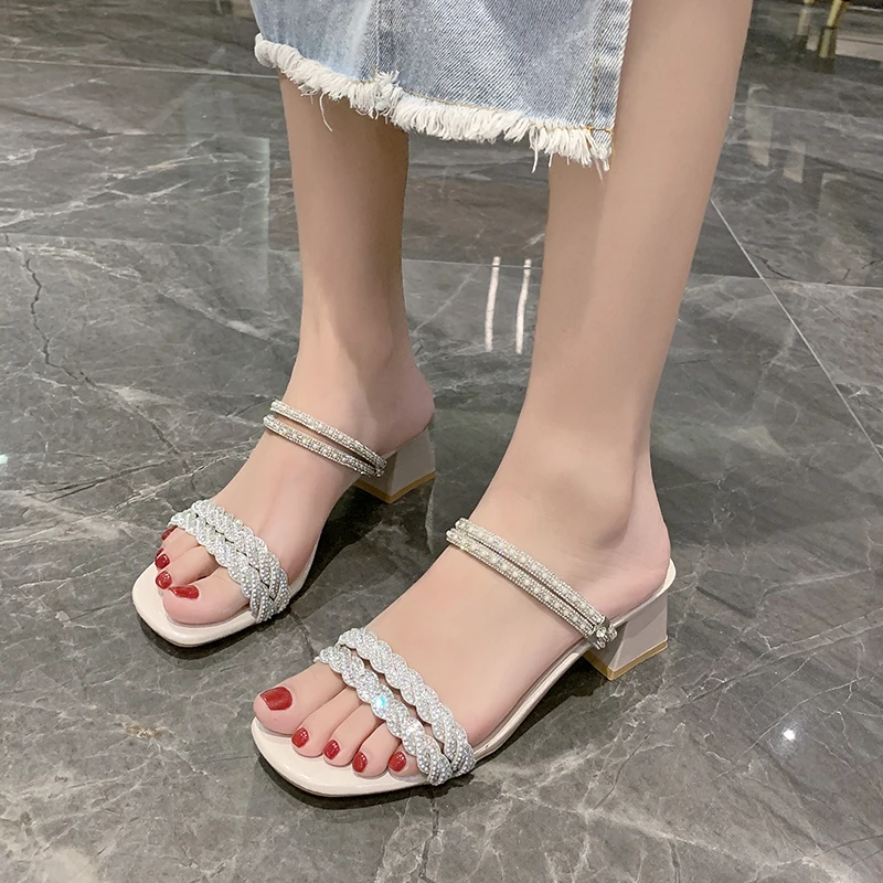 

Square Head Sexy Fashion Sandals Female Summer New Fairy Feng Shui Diamond Thick Heels One Shoe Two High Heels Female 2023