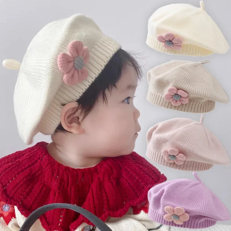 

Flower Beret Knitted Flat Top Baby Hat Winter Warm Wool Knitting Hats for 1-4 Years Child Fashion Caps Painter Berets Beanies