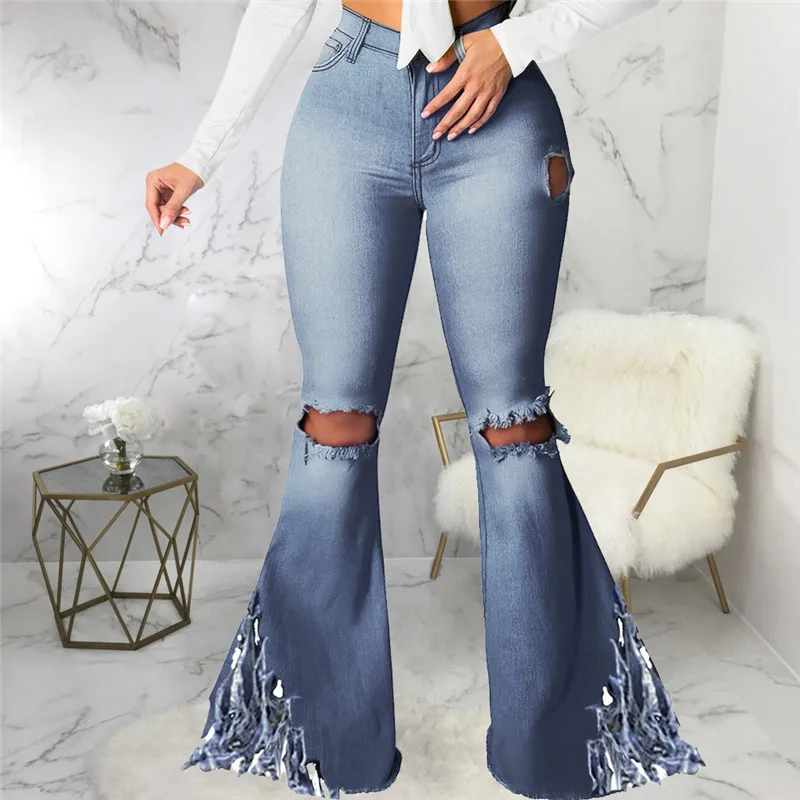 

2021 Vintage Skinny Flared Denim Pants Women Streetwear Solid Cut Out Hole Ripped Jeans High Waist Tassels Plus Size Trousers