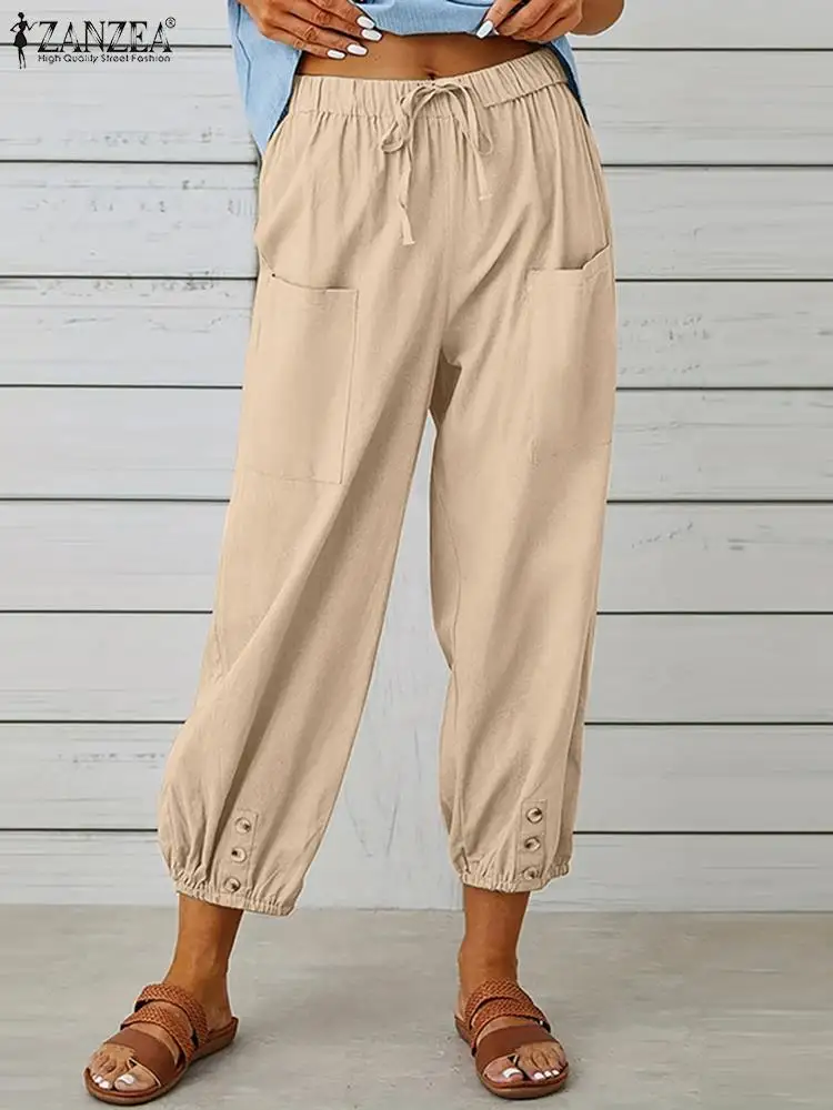 

2024 ZANZEA Elastic Waist Solid Long Trousers Casual Loose Holiday Work Pantalon Cotton Turnip Palazzo Fashion Women Harem Pants