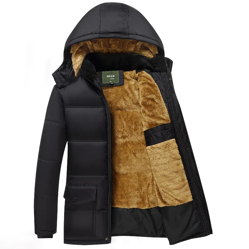 

Warm Middle-Age Men Fleece Coats Winter Solid Color Mid-Length Hooded Zipper Loose Pockets Gentlemen Casual Simple Male Jackets