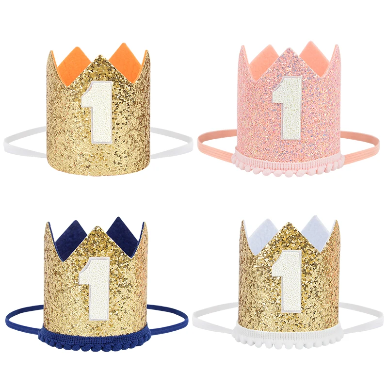 

Baby 1st Birthday Party Hat Princess Crown Glitter Headband Kids Baby Boy Girl One Year Birthday Decoration Supplies Photo Props