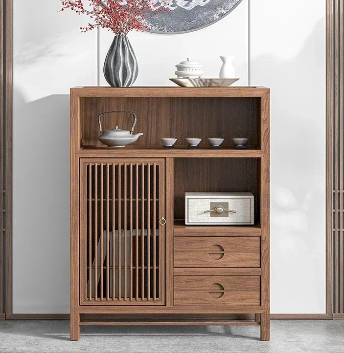

New Chinese Style Locker Sideboard Cabinet Tea Room Furniture Tea Set Cabinet Wall Edge Clothes Closet High Cabinet Solid Wood
