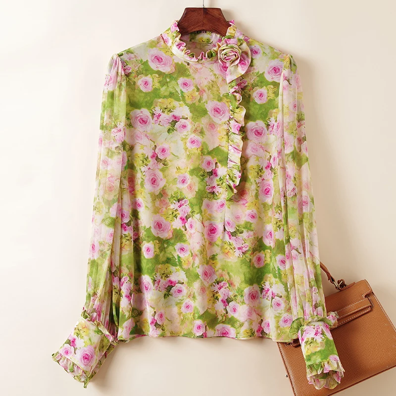 Spring Autumn Women's Vintage Shirt Elegant Rose Floral Shirts Stand Collar Long Sleeve Blouses 100% Real Silk Woman Blouse Tops
Spring Autumn Women's Vintage Shirt Elegant Rose Floral Shirts Stand Collar Long Sleeve Blouses 100% Real Silk Woman Blouse Tops