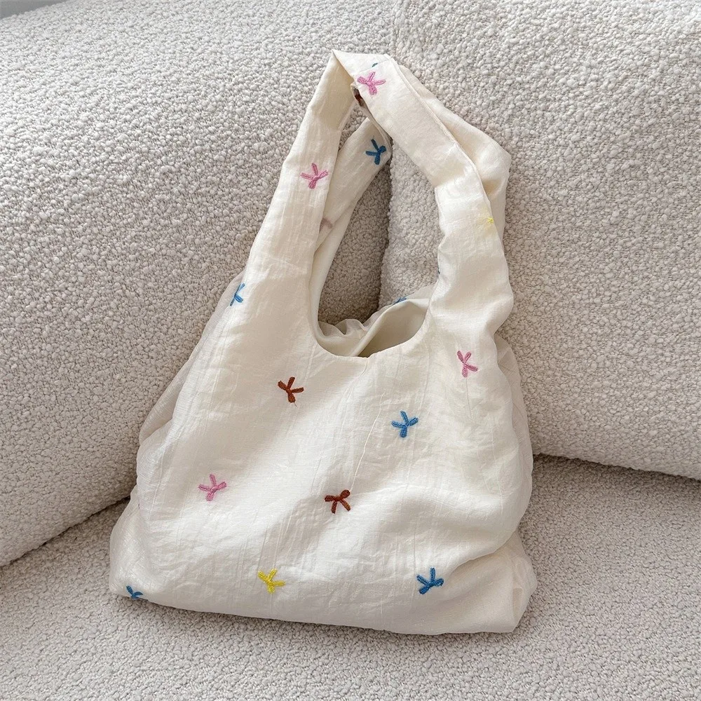 Simple Embroidered Bow Tote Bag Chiffon Solid Color Cherry Shoulder Bag Light Weight Korean Style Canvas Underarm Bag Handbag Simple Embroidered Bow Tote Bag Chiffon Solid Color Cherry Shoulder Bag Light Weight Korean Style Canvas Underarm Bag Handbag