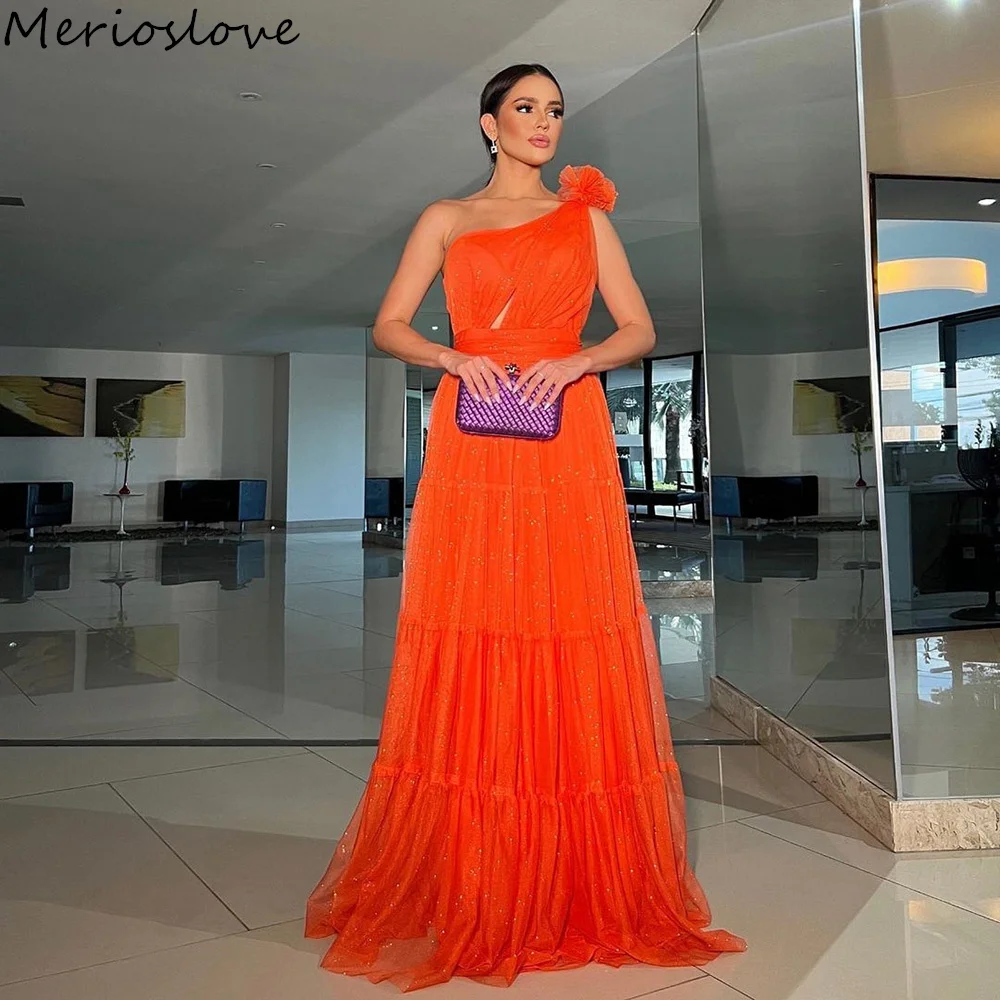 

Merioslove Glitter Orange Tulle Prom Dresses One Shoulder Sleeveless Pleat Ruched A-Line Saudi Arabic Women Party Evening Gowns