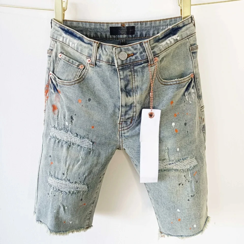 

Высококачественные фиолетовые брендовые джинсы ROCA с винтажными потертыми краями, потертые джинсовые шорты для мужчин, зауженные джинсовые брюки с низкой посадкой для ремонта