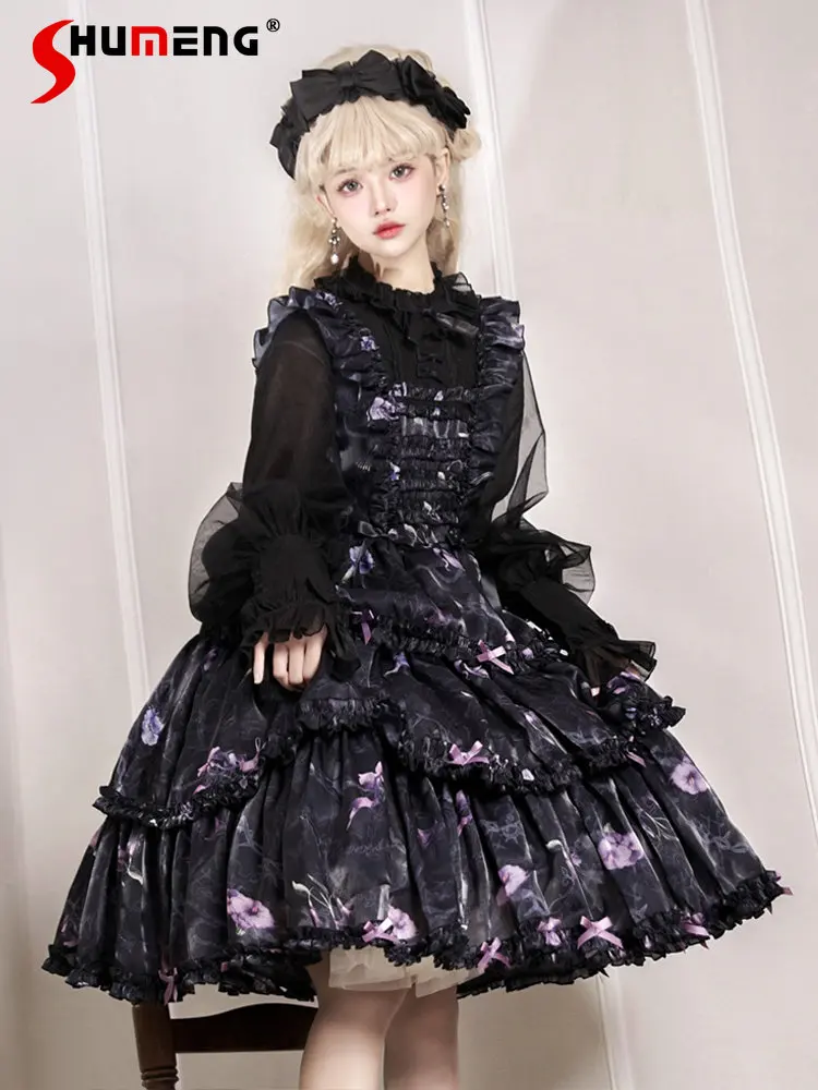 

Original Lolita Bowknot Long Sleeve Black Dress Women 2023 Spring and Autumn New Sweet Mesh Stitiching Dresses for Girls Student