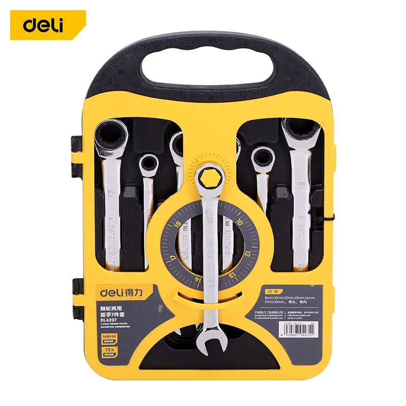 

Deli 7Pcs Flex Head Ratcheting Wrench Set Metric Ratchet Combination Wrenches Gear Spanner Set Car Key Wrench Repair Tool Set
