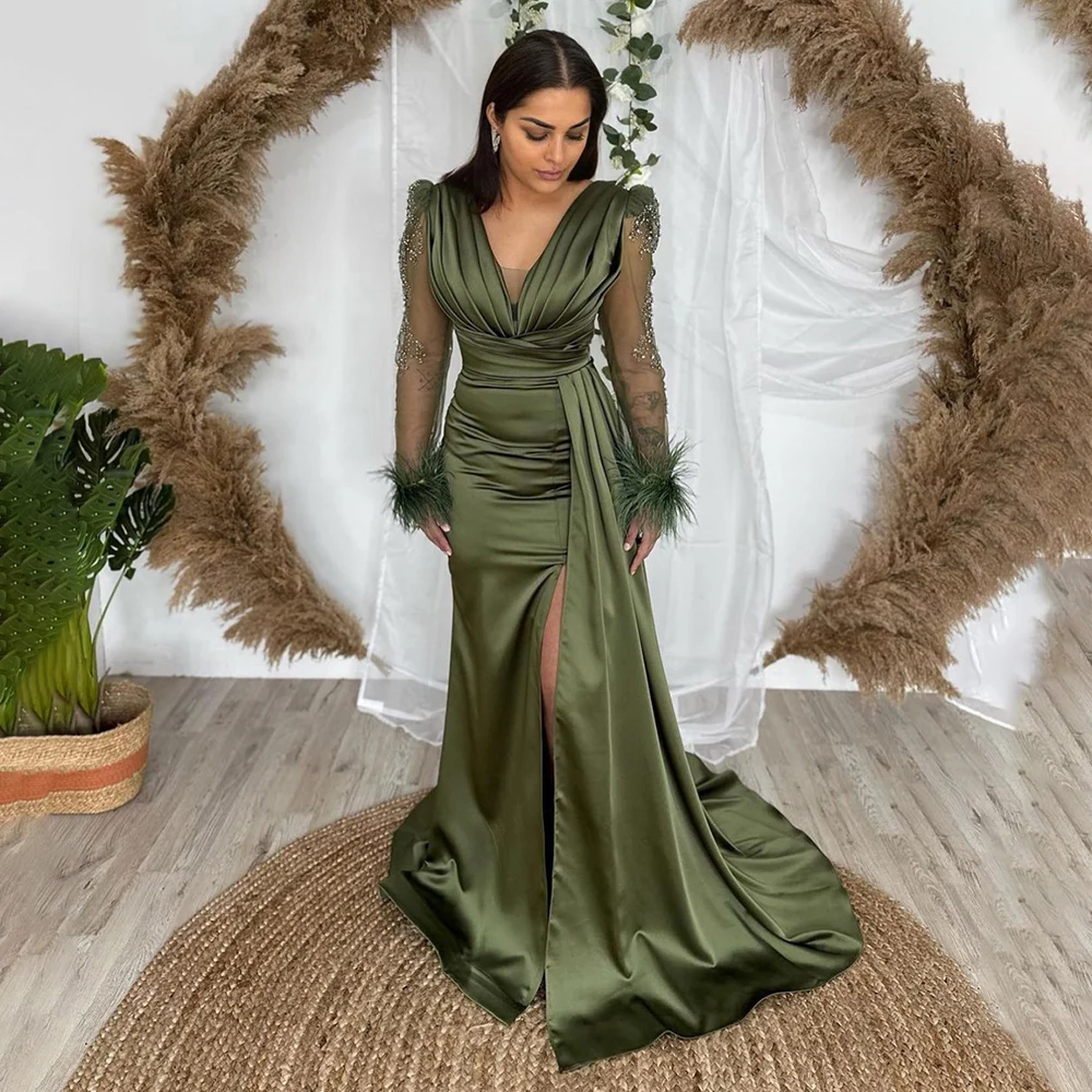 Женское атласное вечернее платье, изысканное Плиссированное Платье с V-образным вырезом, длинным рукавом и перьями, бальное платье для выпускного вечера, 2024
Женское атласное вечернее платье, изысканное Плиссированное Платье с V-образным вырезом, длинным рукавом и перьями, бальное платье для выпускного вечера, 2024