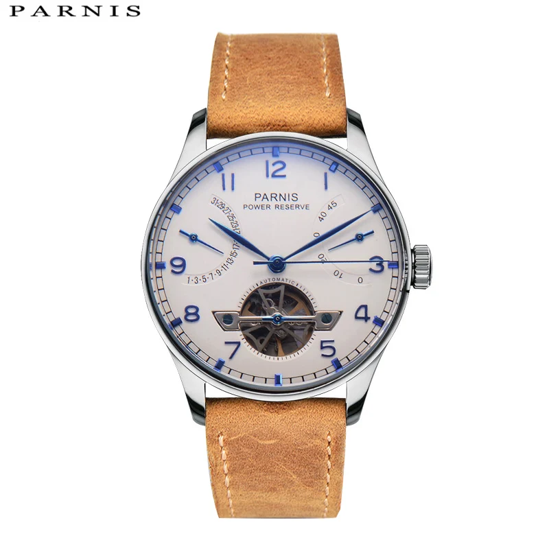 

Fashion Parnis 43mm White Skeleton Dial Automatic Mechanical Men's Watch Leather Strap Calendar Man Watches reloj hombre Clock