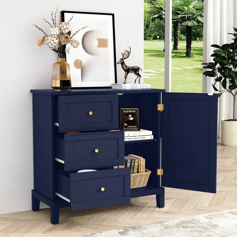 

HLR Accent Cabinet with 3 Drawers and Door, Wooden Storage Cabinet with Shelves, Sideboard for Living Room, Entryway, Navy Blue