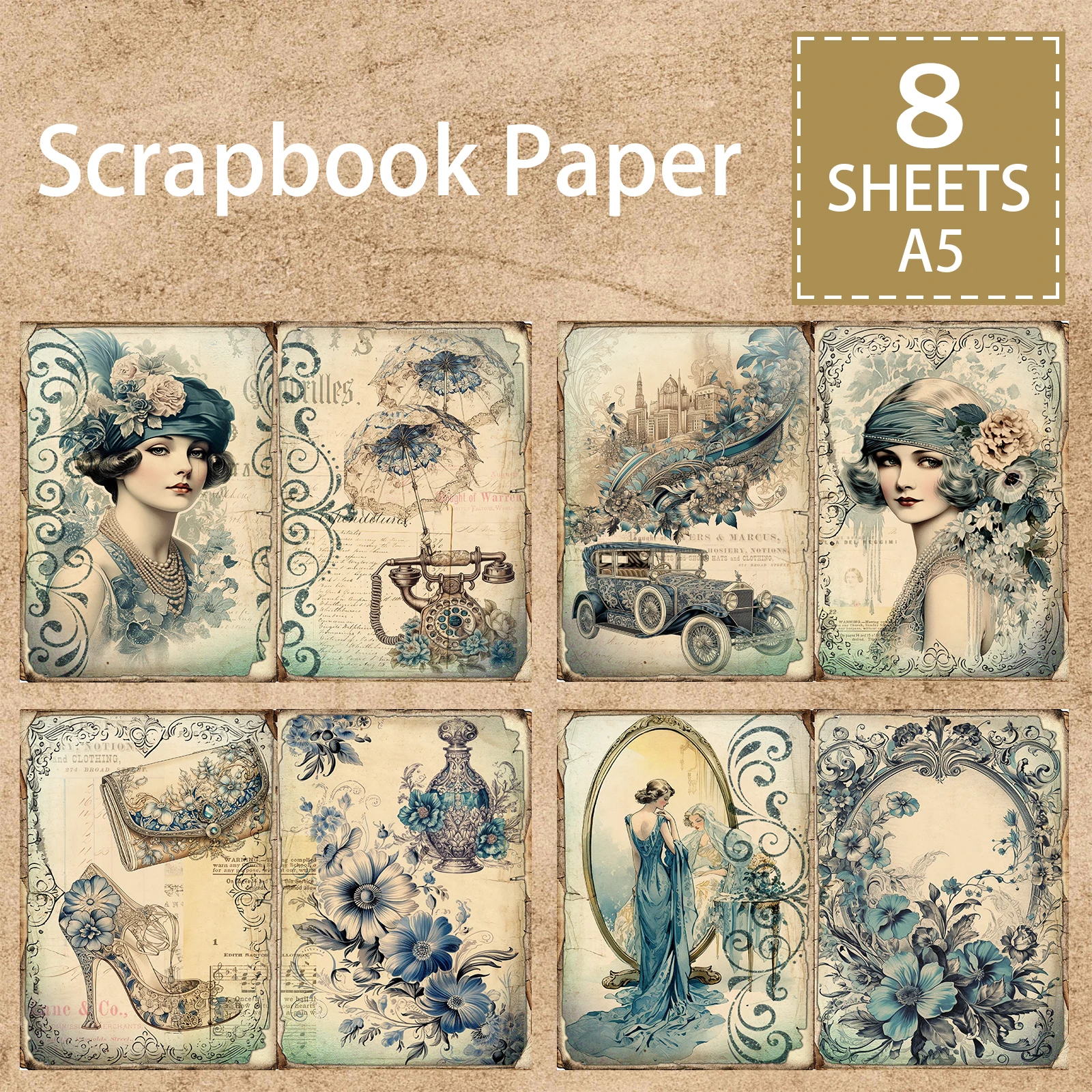 

8 Sheets A5 Size Elegant Women's Ornate Embellished Necklace Handbag Background Vintage Grunge Journal Planning Scrapbooking