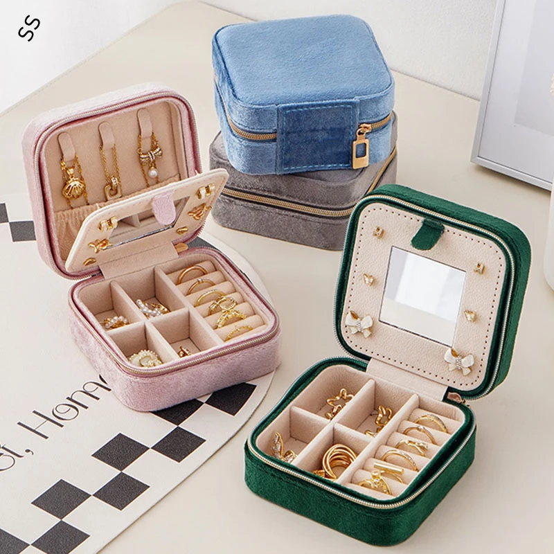 

Jewelry Box Velvet with Mirror Jewel Anti-dust Pack Fashion Women Travel Portable Case for Necklace Earrings Ring Storage Case