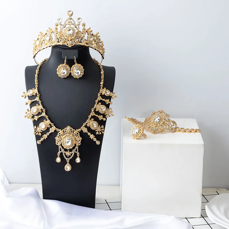

Luxury Crystal Bridal Jewelry Set Hand Inlay Rhinestones Retro Court style Necklace Earrings Bracelet Ring Crown 5pcs/set