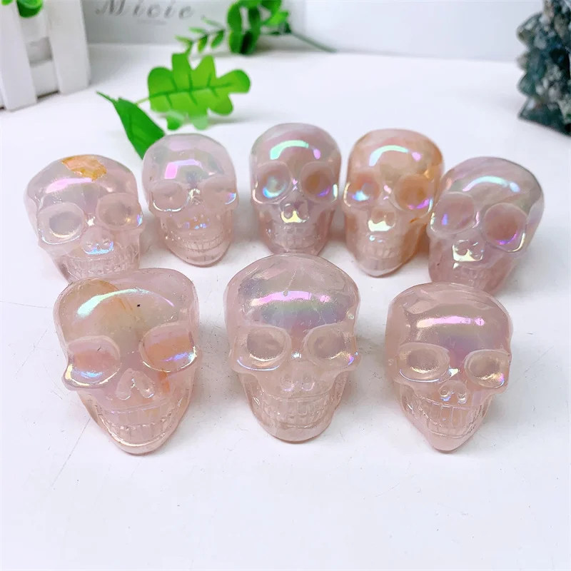 

Natural Aura Crystal Quartz Skull Carving Sculpture Healing Gemstone Crystal Crafts For Home Decoration Ornament 1PCS