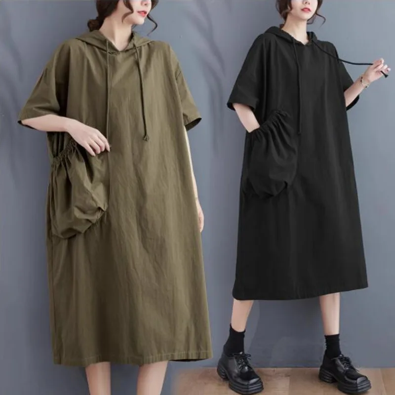 #6675 Summer Hooded Dress Solid Color Loose Midi Dress Short Sleeve Big Pockets Asymmetrical A-line Dress Women Streetwear
#6675 Summer Hooded Dress Solid Color Loose Midi Dress Short Sleeve Big Pockets Asymmetrical A-line Dress Women Streetwear