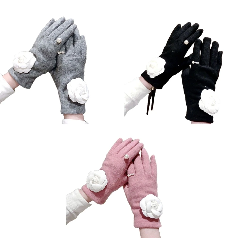 

Camellia Pearls Winter Warm Gloves Full Finger Gloves with Elegant Pearls Cold Weather Insulated Outdoor Drop Shipping