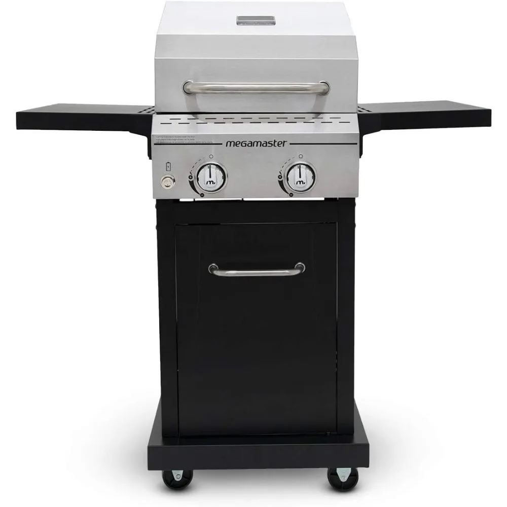 

Megamaster 2-Burner Propane Barbecue Gas Grill with Foldable Side Tables, Perfect for Camping, Outdoor Cooking, Patio, Garden