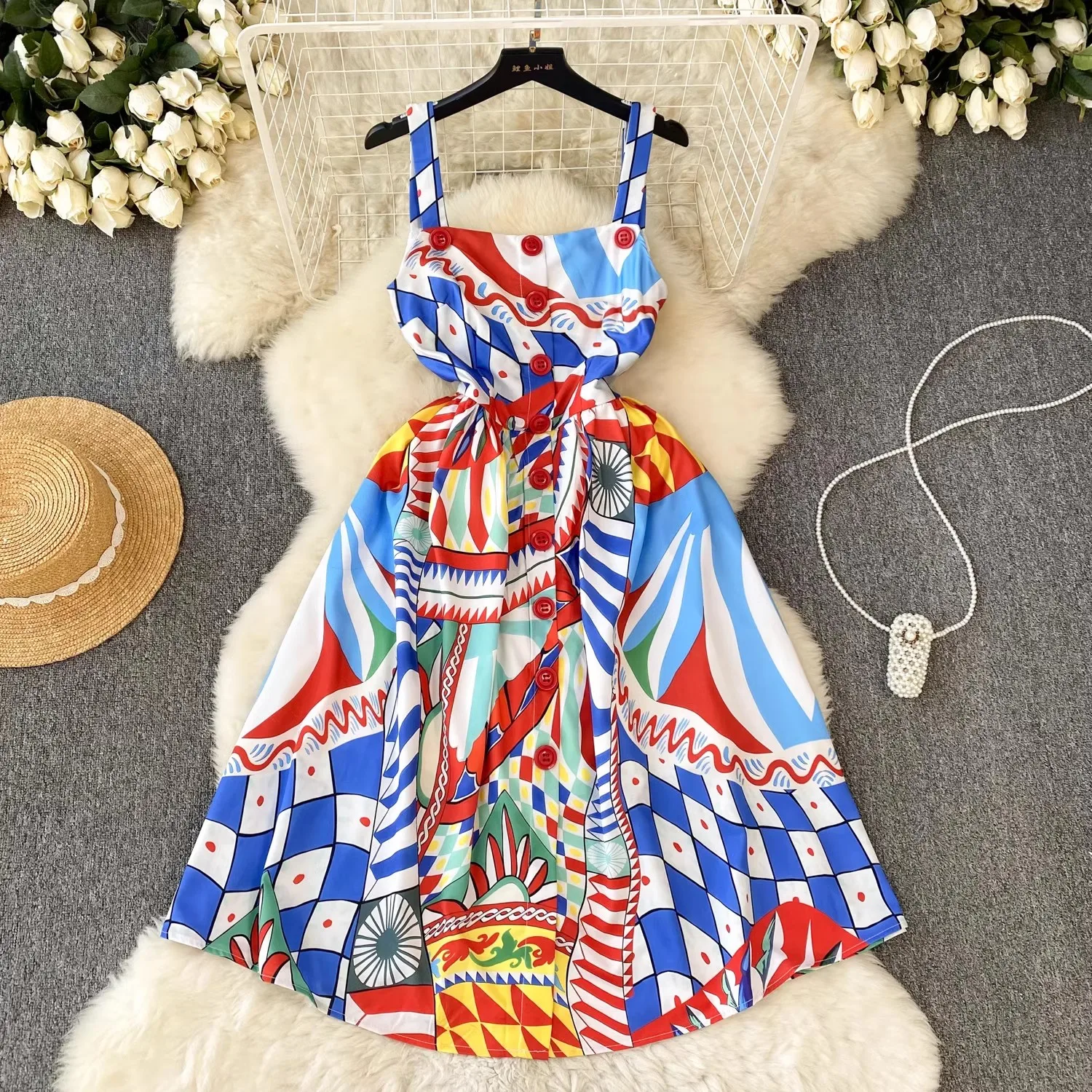 

Summer Buttons Spaghetti Strap Midi Dress Runway Women's Slash Neck Colorblock Print Sleeveless A-Line Holiday Boho Vestidos