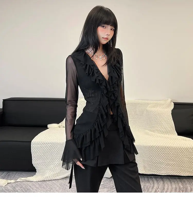 Korean Blouse Women's Clothing V-neck Long Sleeve Tunic Shirts Camisas De Mujer Heavy Ruffles Spring Summer Gauze Blouses Tops Korean Blouse Women's Clothing V-neck Long Sleeve Tunic Shirts Camisas De Mujer Heavy Ruffles Spring Summer Gauze Blouses Tops