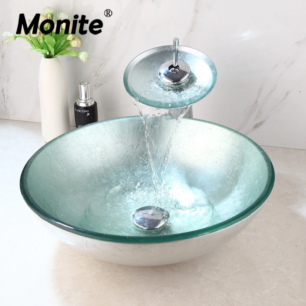 

Monite Silver Oval Bathroom Washbasin Countertop Washroom Vessel Vanity Tempered Glass Basin Sink Faucet Set Brass Faucet