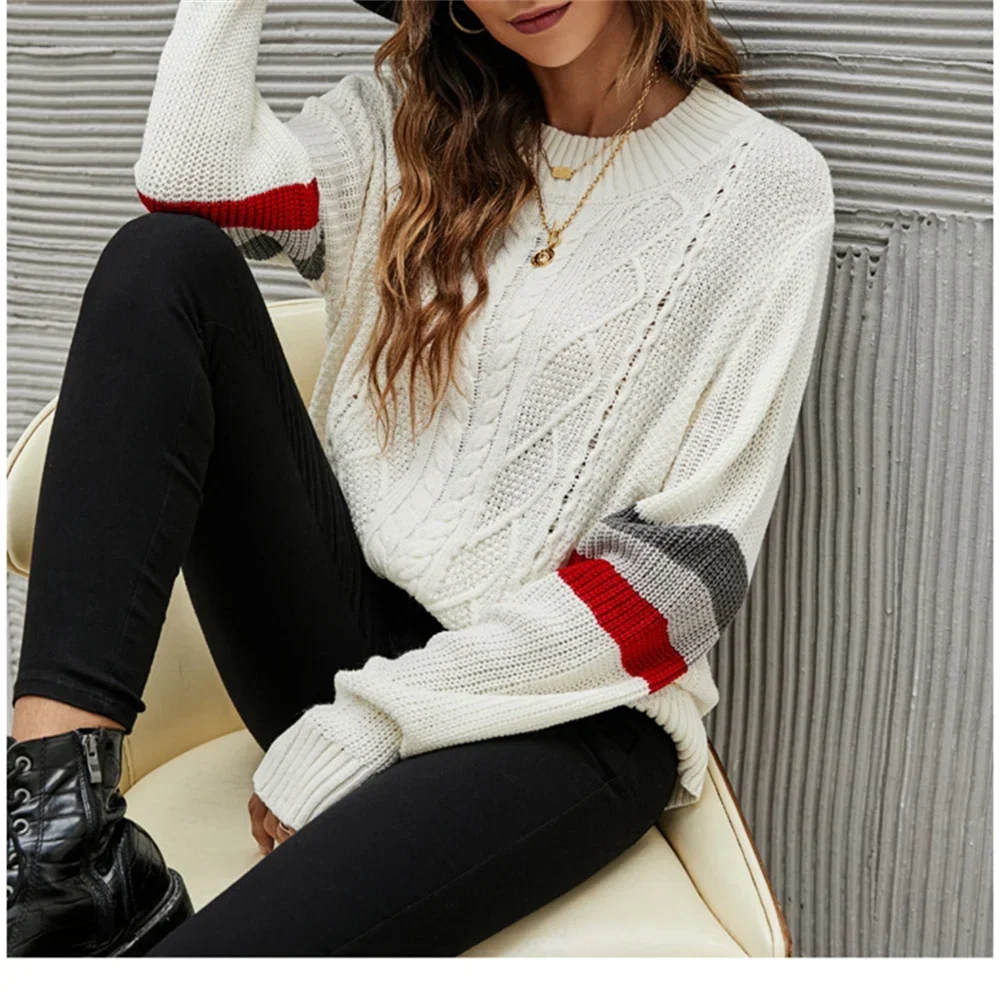 

Вязаный свитер, пуловер, вязаные свитера с узором, полосатые рукава, повседневная одежда, трендовый женский свитер в Корейском стиле, джемпер, наряд