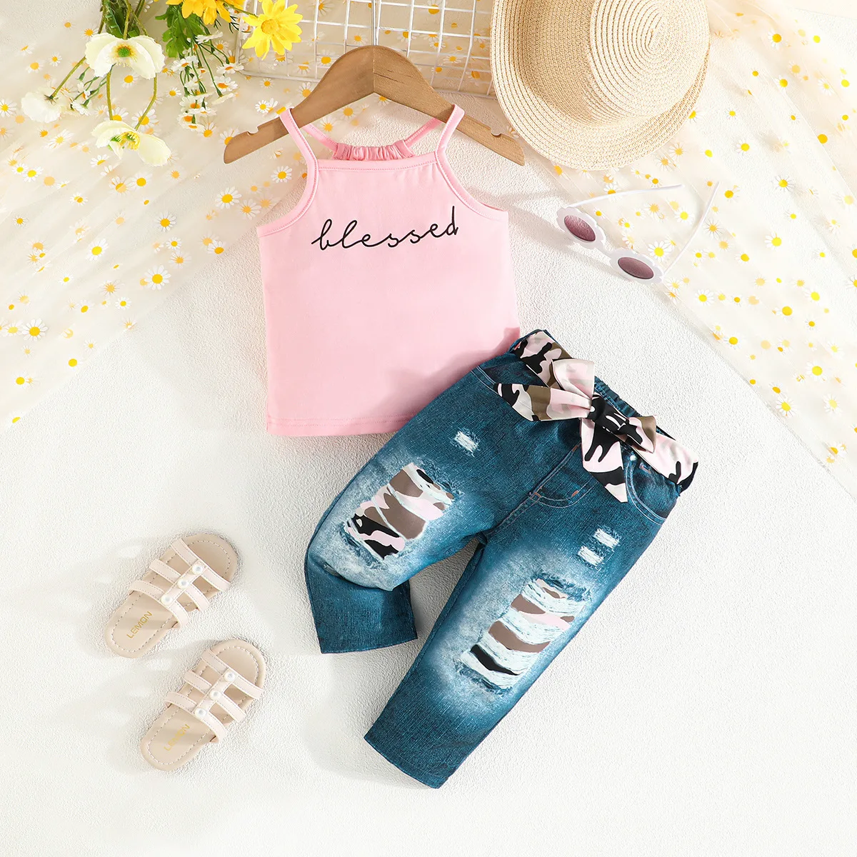 

Summer Girls Clothing Sets Baby Sleeveless Letter Print Camisole Tops + Ripped Denim Pants Jeans Children's Casual Clothing