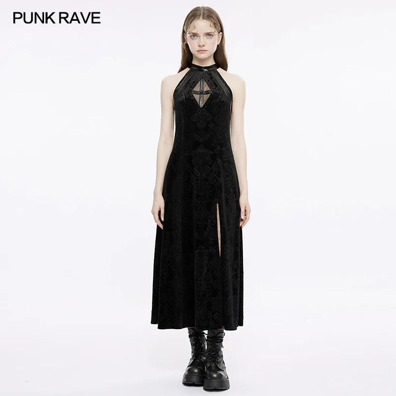 

PUNK RAVE Women's Gothic Velvet A-line Sleeveless Long Dress Hollowed Out Diamond Cross Slim Waist High Slit Black